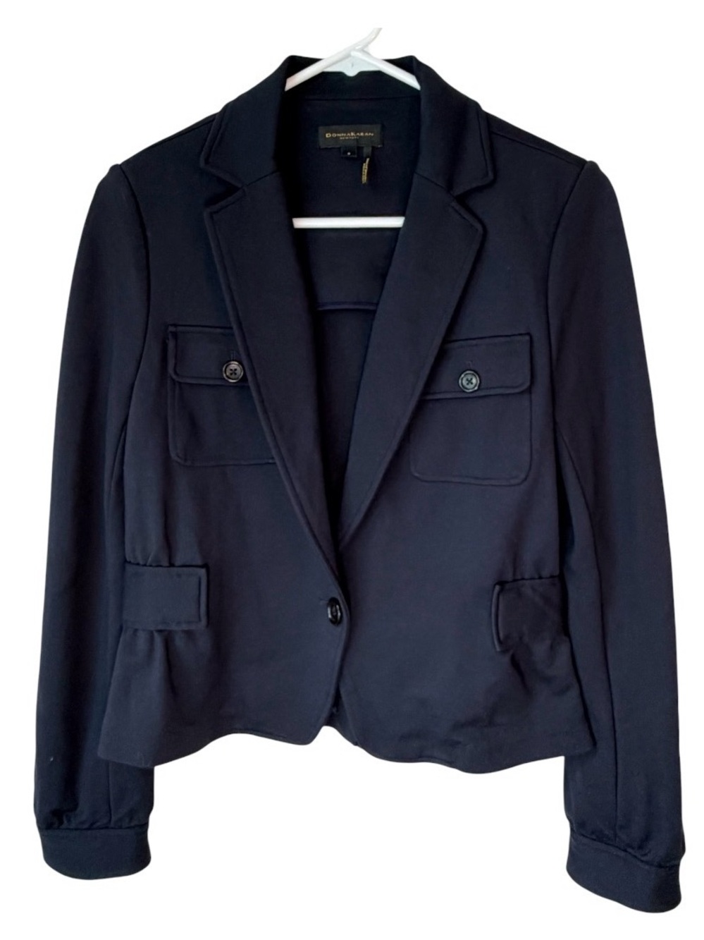 Donna Karan Navy Knit One Button Blazer Fitted Waist Sz 6 Preowned